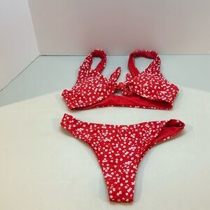 Red and White Floral Matching Bikini Set
